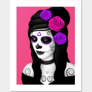 Day of the Dead Girl with Pink and Purple Roses Posters and Art